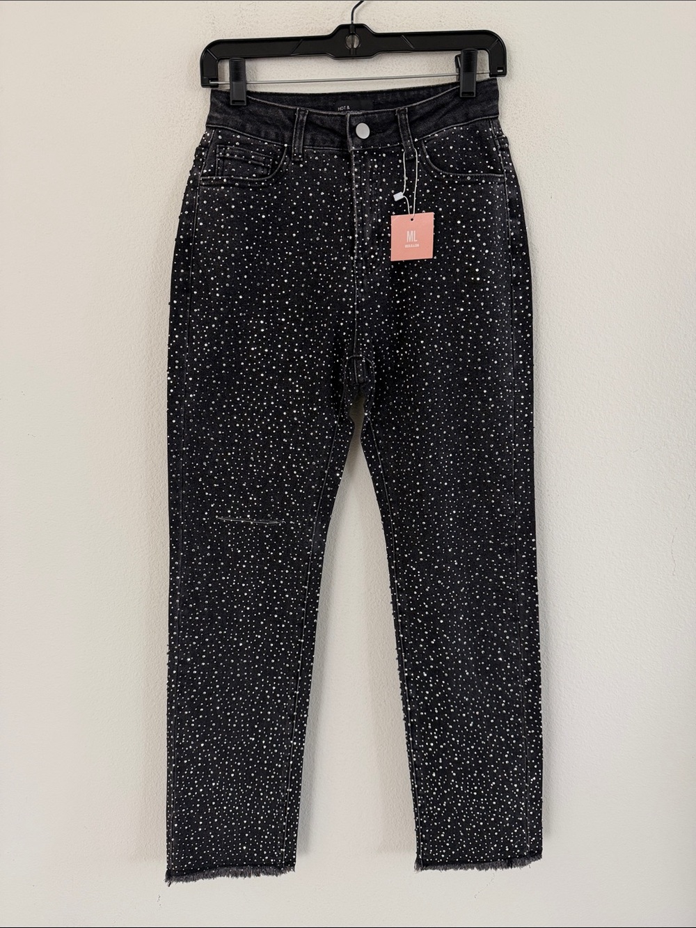 Hot & Delicious Rhinestone Raw Hem Black Jeans